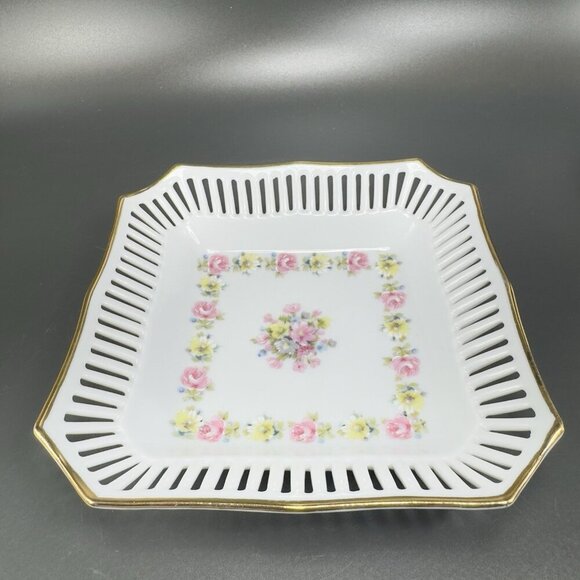 Schwarzenhammer Bavaria Hand Painted Square Reticulated Edge Dish Tray Plate VTG - Picture 1 of 10